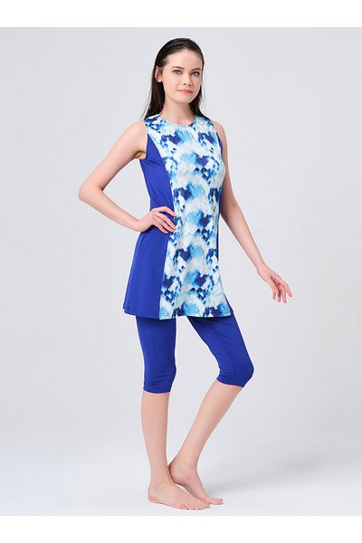 ALFASA Costum de baie cu mâneci zero cu model în față - Saks Blue - Alfasa