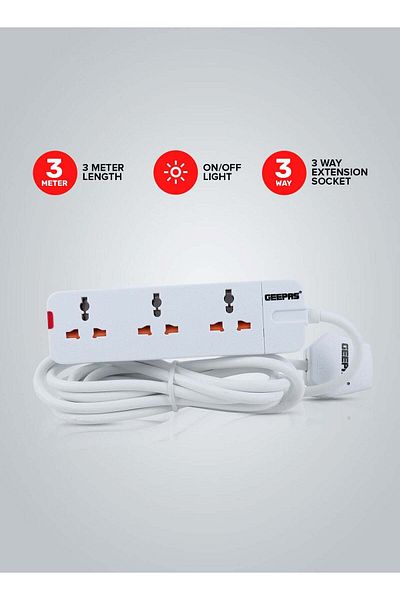 Geepas 3 Way Extension Socket 13A - Charge Multiple Devices with Child Safe, Extra Long Cord & Over