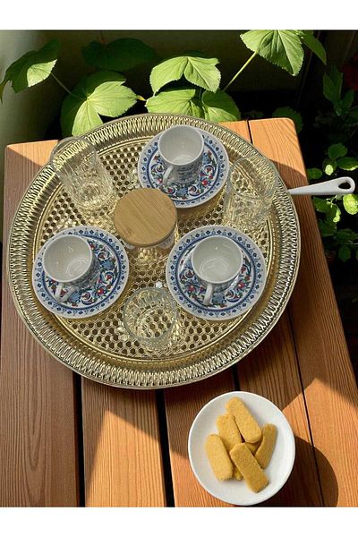 Noah Exclusive Turkish Coffee Presentation Set - Tray - 3 Coffee Cups with Plate - 3 Coffee Cups - Mercury