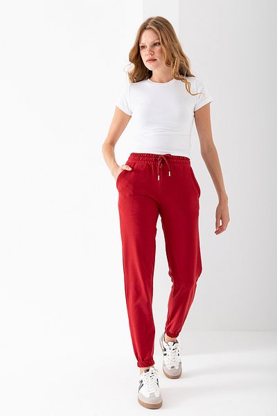 GİYSA Pantaloni de sport pentru femei cu talie și picioare elastice cu buzunare duble Roșu Claret - 10050