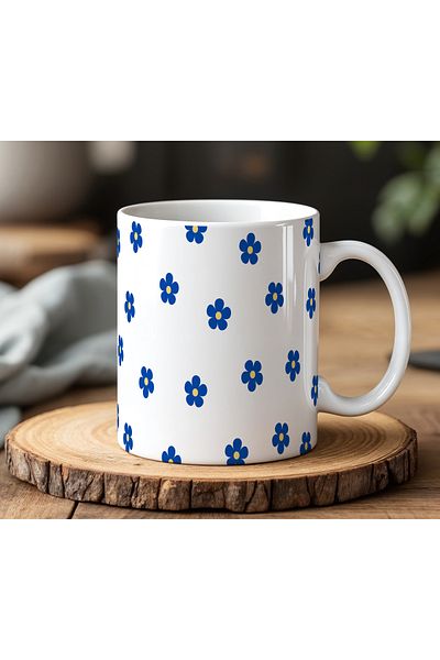 BB TRADE White Ceramic Printed Mug Cup with Blue Flower Design 330ml