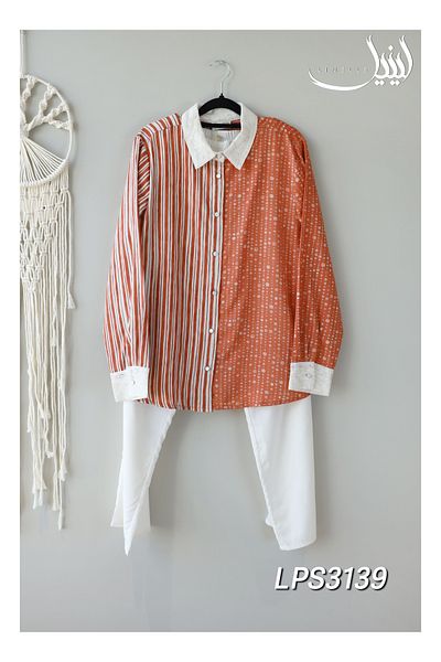 LINELLE Co-Ord Set – Orange and White Printed Shirt in Cotton-Polyester Blend.