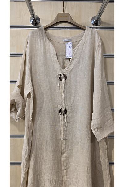 Park Moda Λινό Φόρεμα Ιταλικό Μακρύ Κουμπί Λεπτομερές