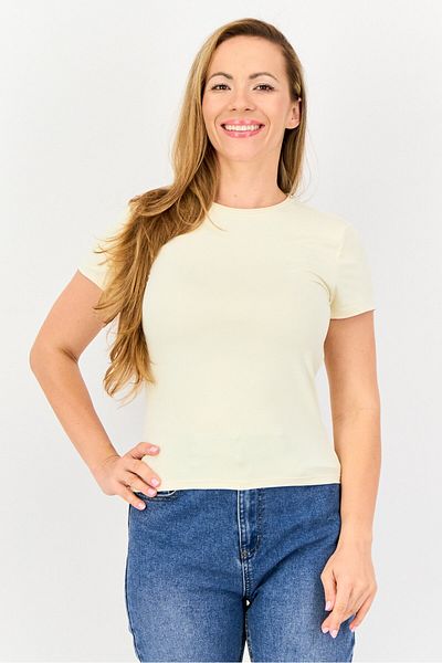 Bebe Women Crew Neck Short Sleeve Solid T Shirt, Cream