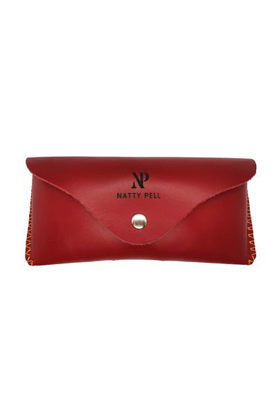 Natty Pell Etui ochelari de soare sau vedere, cu magnet din piele naturala, Rosu cu ata portocalie