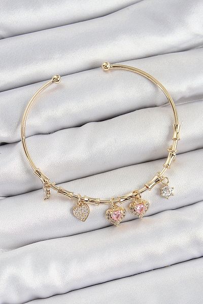 Clariss Brass Zircon Stone Pink Heart Model Gold Color Charm Bracelet