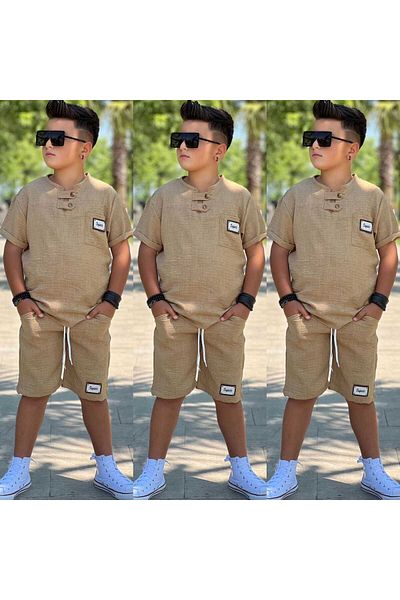 MUMİKİDS Boy's Judge Collar Linen Fabric Bottom Top Summer 2-Piece Set