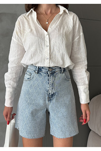 Bluezoni Kadın Taşlı Özel Tasarım Likralı Kot Şort