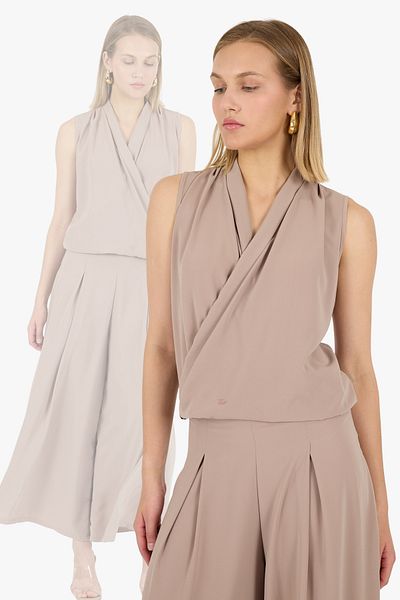 Laranor Ecru Double Breasted Collar Medine Silk Blouse 25L8104