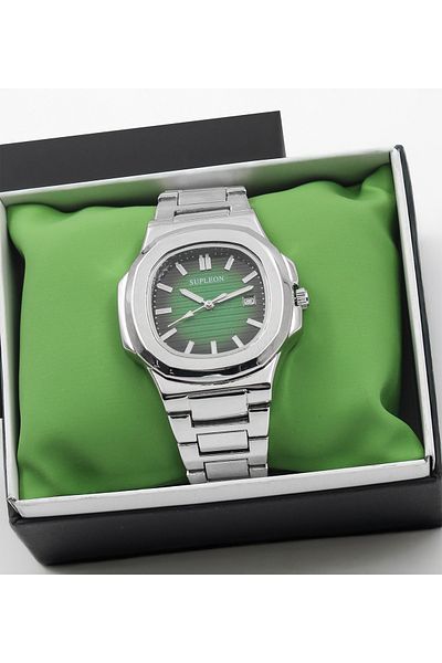 vegahediye v vega Custom Boxed Green Dial Angled Stainless Steel Silver Color Luxury Men's Wrist Watch