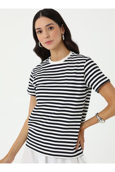 Benin Striped Basic Women's T-Shirt - Navy Blue White Stripes - Benin