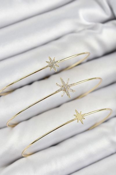 Clariss Brass Zircon Stone Pole Star Model Gold Color Vip 3-Piece Women's Bracelet