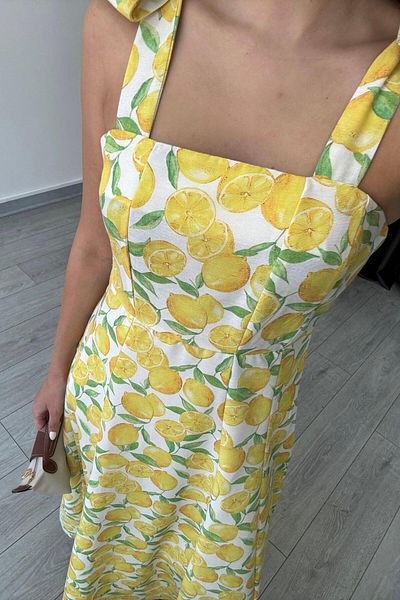 ECEMİ Ornel Shoulder Lace-Up Lemon Pattern Dress