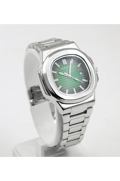 vegahediye v vega Custom Boxed Green Dial Angled Stainless Steel Silver Color Luxury Men's Wrist Watch