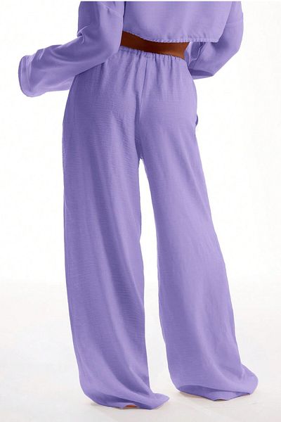 MODAGEN Lilac Purple Linen Aerobin Fabric Wide Leg Trousers with Tie Waist