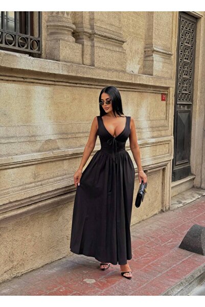 SEVENLINE Kadın Korse Detaylı Kurdalye Cepli Poplin Elbise