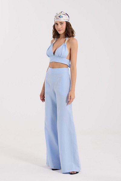 NOK İSTANBUL 100% Linen Emily Loose Elastic Trousers Baby Blue