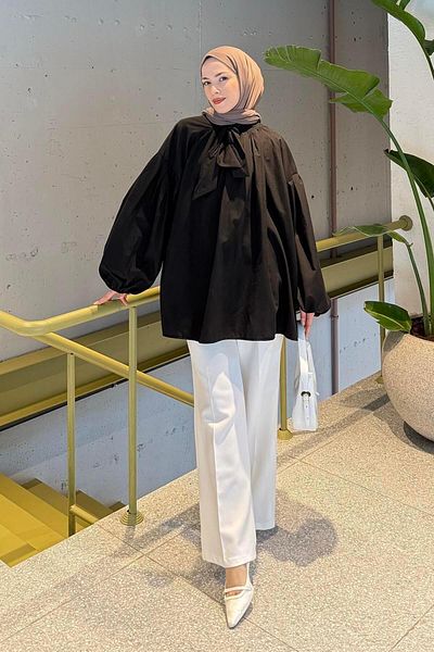 lamelif Collar Scarf Detailed Shirt Black