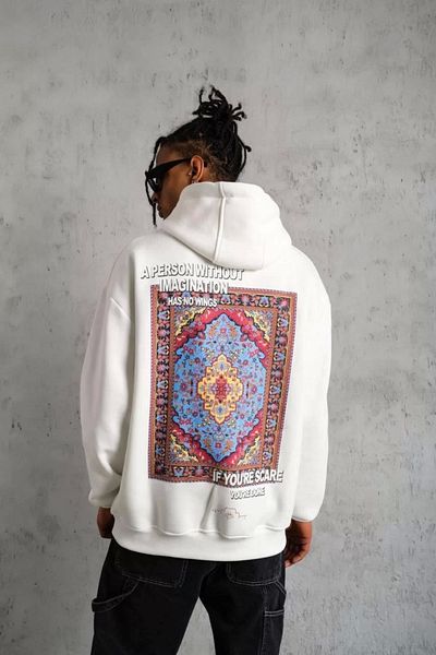 Silerra Men's Kilim Pattern Hooded Sweat - White