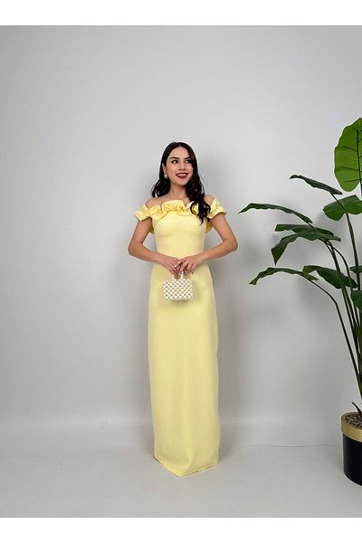 maf collection فستان سهرة طويل بياقة كاكي ورباط صدر أصفر للنساء