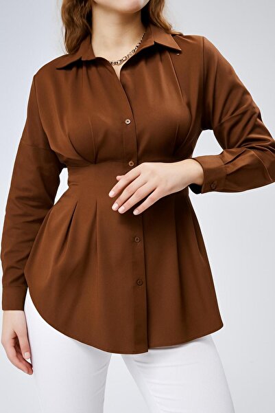 EMMAS CLOTHİNG Дамска плисирана кафява риза с талия