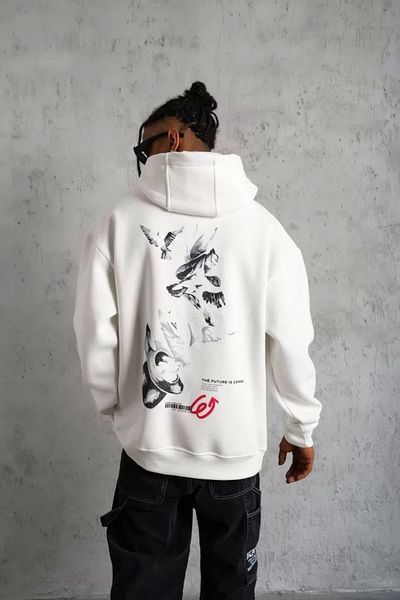 Silerra    Men's Hat Dove Printed Hooded Sweat - White