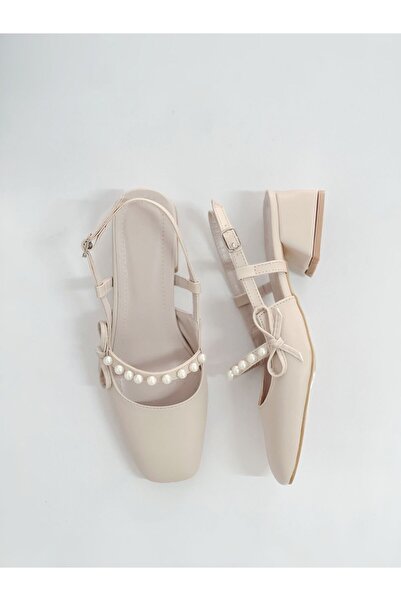 leopar by çetinay Liora Vintage Stil Incili Bej Taba Topuklu Kadın Ayakkabı – Kare Burun Ve Arkası Açık