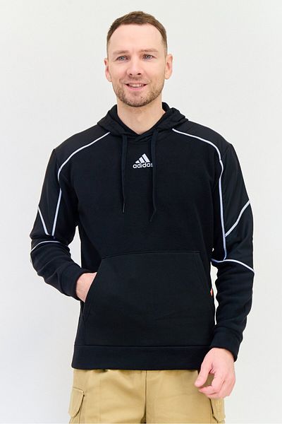 adidas Men Loose Fit Embroidered Logo Long Sleeves Outdoor Hoodie, Black
