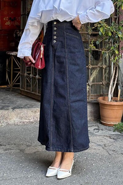 lamelif Κουμπιά Λεπτομερή Καπάκι Hijab Τζιν Φούστα Τζιν Μπλε