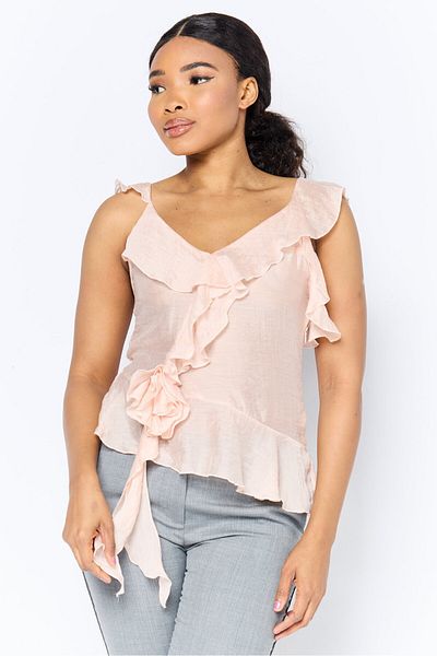 Reserved Women V-Neck Ruffle Sleeve Solid Top, Pastel Pink