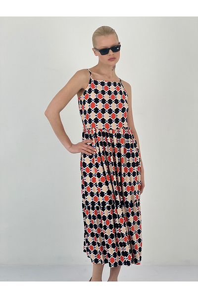 Miss Poem Women's Patterned Pleated Coral Midi Dress
