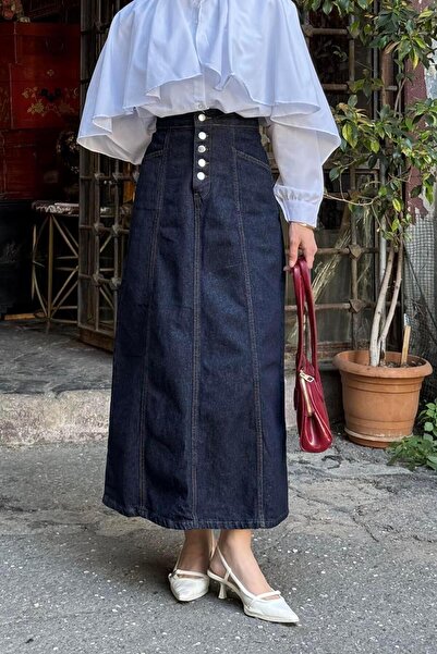 lamelif Κουμπιά Λεπτομερή Καπάκι Hijab Τζιν Φούστα Τζιν Μπλε