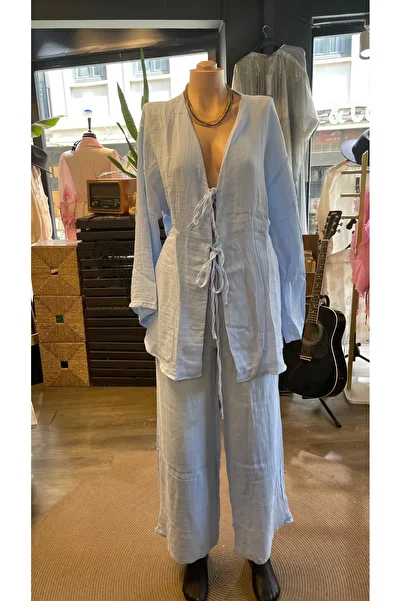 By-esq Women's Loose Summer Casual Muslin Fabric Pants and Tie-Up Shirt