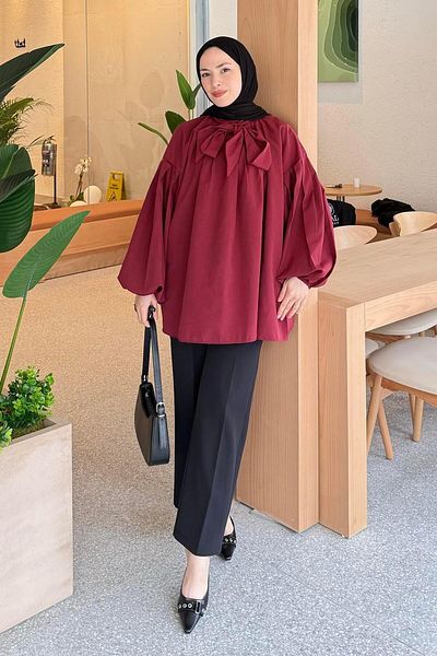 lamelif Collar Scarf Detailed Shirt Claret Red