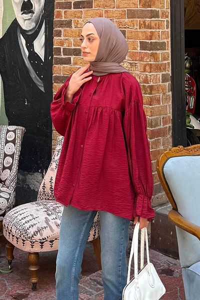 lamelif Roba Detailed Hijab Shirt Burgundy