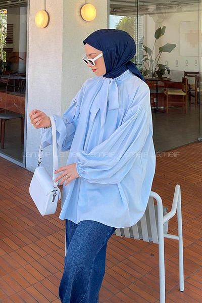 lamelif Collar Scarf Detailed Shirt Baby Blue