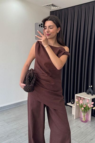 ECEMİ Parmo Brown Raw Linen Shoulder Low-Cut Suit