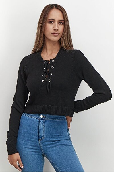 Avec Les Filles سترة نسائية برباط وأكمام طويلة وياقة دائرية، لون أسود