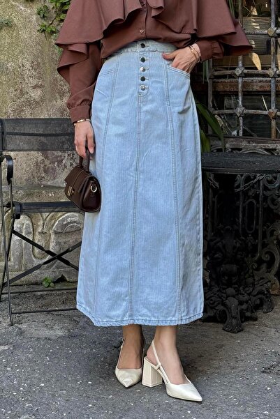 lamelif Button Detailed Cup Hijab Denim Skirt Light Blue