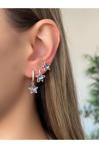 Çelik Special Series 3-Piece Crystal Star Steel Earrings