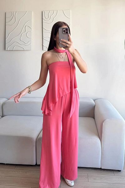 MOZENA Strapless Asymmetrical Blouse Trousers Scarf Set