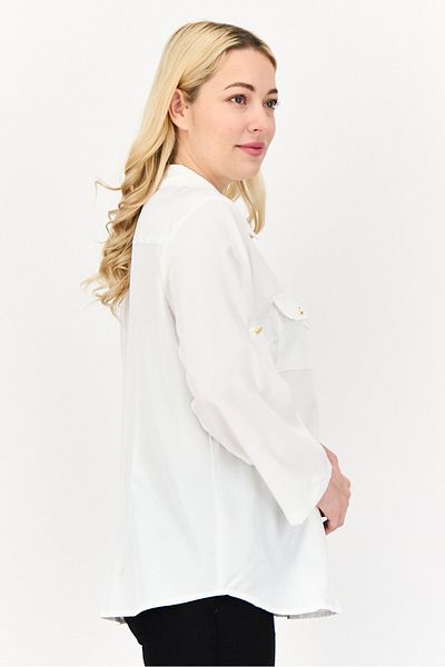 Notations Women Spread Collar Long Sleeve Plain Blouse, White