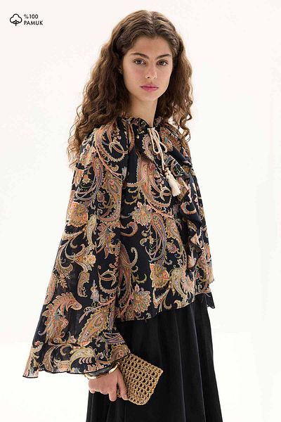 Hooopstore Ethnic Pattern Cotton Voile Black Blouse