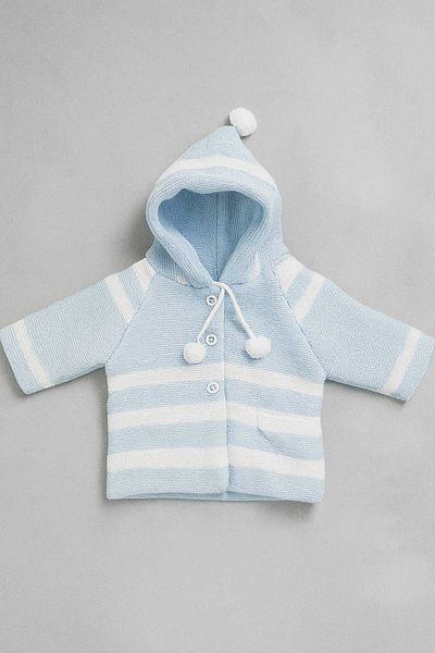 Cevval Striped Hooded Pompom Double Layer Knitted Baby Cardigan