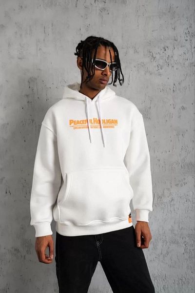 Silerra    Men's Crest Printed Hooded Sweatshirt - White
