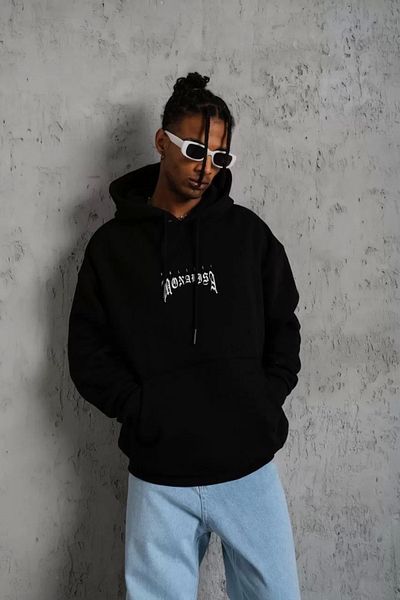 Silerra Men's Printed Hooded and Kangaroo Pocket Sweat - Black