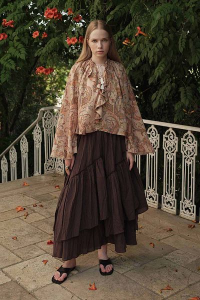Hooopstore Ethnic Pattern Cotton Voile Milk Coffee Blouse