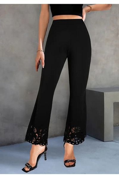Little Visqon Women's High Waist Wide Leg Laser Flower Cut Detailed Imported Crepe Pants