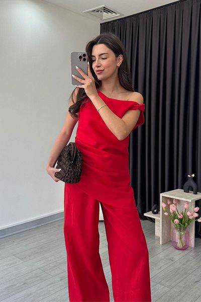 ECEMİ Parmo Red Raw Linen Shoulder Low-Cut Suit