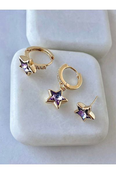 Çelik Special Series 3-Piece Crystal Star Steel Earrings